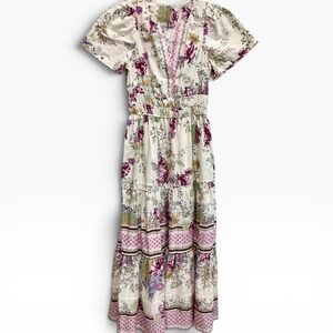 Anthropologie Somerset Floral Maxi Dress Pink Burgundy Tiered Cotton XS NEW